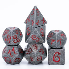 Load image into Gallery viewer, Grey Stone w/ Dragon Red Numbers Dice Set for Dungeons & Dragons