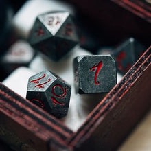 Load image into Gallery viewer, Grey Stone w/ Dragon Red Numbers Dice Set for Dungeons & Dragons