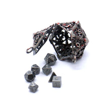 Load image into Gallery viewer, Bloodsplattered D20 Hollow Keychain w/ Set of Mini Dice for Dungeons &amp; Dragons
