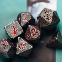 Load image into Gallery viewer, Grey Stone w/ Dragon Red Numbers Dice Set for Dungeons & Dragons