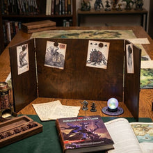 Load image into Gallery viewer, Dragon's Gaze wooden Dungeon Master screen with dragon eye artwork and magnetic note holders for tabletop RPGs