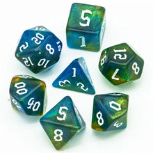 Charger l'image dans la galerie, Lagoon Bloom Blue & Yellow Glitter Nebula Dice Set for Dungeons & Dragons