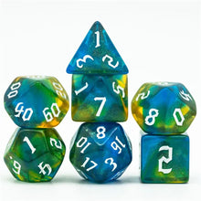 Charger l'image dans la galerie, Lagoon Bloom Blue & Yellow Glitter Nebula Dice Set for Dungeons & Dragons