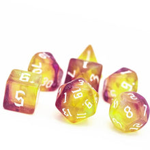 Charger l'image dans la galerie, Electric Dusk Yellow & Purple Glitter Nebula Dice Set for Dungeons & Dragons