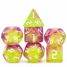 Charger l'image dans la galerie, Electric Dusk Yellow & Purple Glitter Nebula Dice Set for Dungeons & Dragons