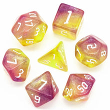 Charger l'image dans la galerie, Electric Dusk Yellow & Purple Glitter Nebula Dice Set for Dungeons & Dragons