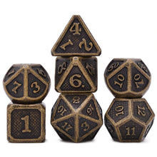 Load image into Gallery viewer, Dragonborn Dark Gold Embossed Metal Dice Set for Dungeons &amp; Dragons
