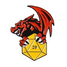 Load image into Gallery viewer, Dragon Treasure D20 Dice Pin - Dungeons & Dragons Brooch