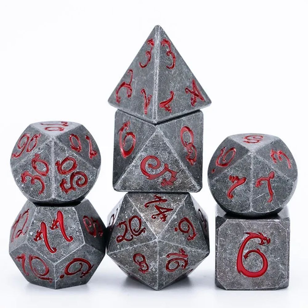 Grey Stone w/ Dragon Red Numbers Dice Set for Dungeons & Dragons