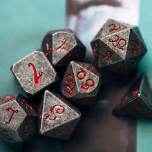 Load image into Gallery viewer, Grey Stone w/ Dragon Red Numbers Dice Set for Dungeons &amp; Dragons
