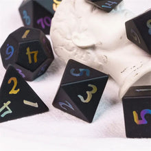 Load image into Gallery viewer, Obsidian Rainbow Numbers Stone Dice Set for Dungeons &amp; Dragons
