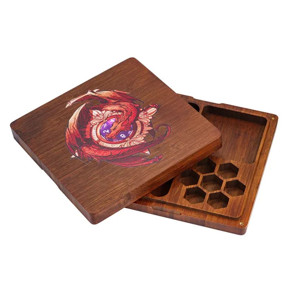 Red Dragon Wood Dice Storage Box & Tray for Dungeons & Dragons