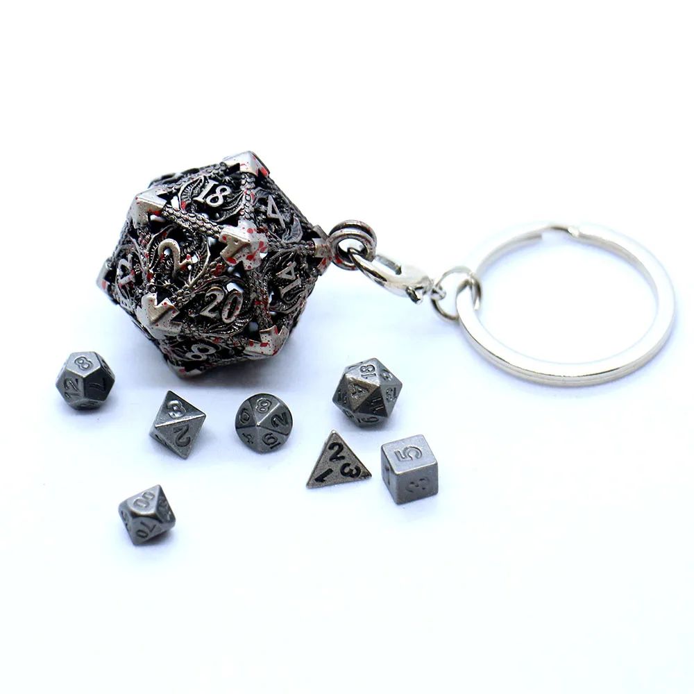 Bloodsplattered D20 Hollow Keychain w/ Set of Mini Dice for Dungeons & Dragons