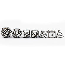 Load image into Gallery viewer, White &amp; Silver Embossed Metal Dice Set for Dungeons &amp; Dragons
