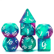 Load image into Gallery viewer, Ethereal Tempest Glitter Nebula Turquoise &amp; Purple Dice Set for Dungeons &amp; Dragons
