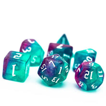 Load image into Gallery viewer, Ethereal Tempest Glitter Nebula Turquoise &amp; Purple Dice Set for Dungeons &amp; Dragons
