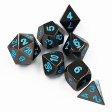 Load image into Gallery viewer, Black Gunmetal Blue Metal Dice Set for Dungeons &amp; Dragons
