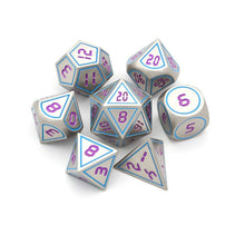 Load image into Gallery viewer, Steel w/ Digital Purple Numbers Metal Dice Set for Dungeons &amp; Dragons
