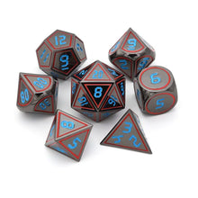 Load image into Gallery viewer, Black Gunmetal w/ Digital Blue Numbers Metal Dice Set for Dungeons &amp; Dragons

