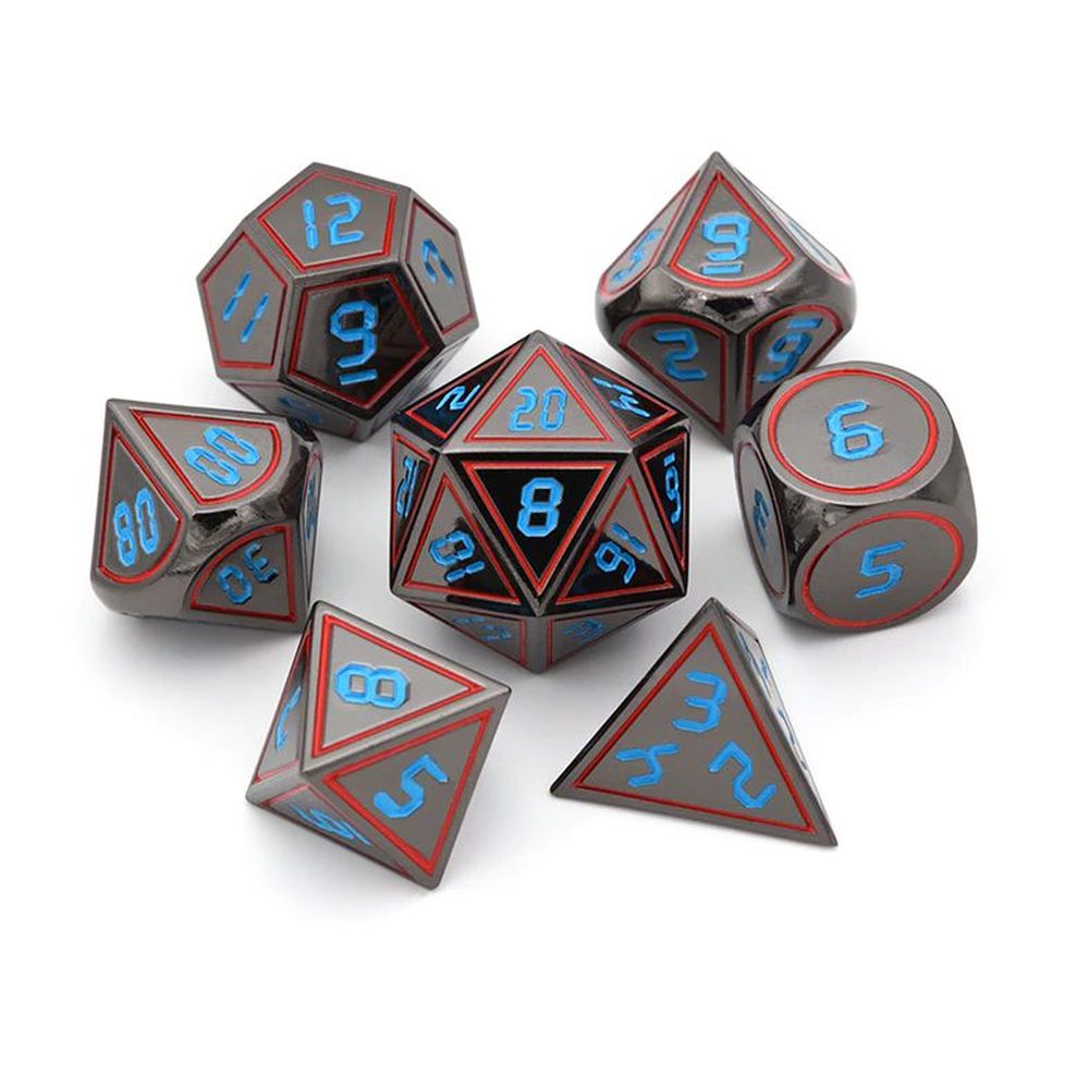 Black Gunmetal w/ Digital Blue Numbers Metal Dice Set for Dungeons & Dragons