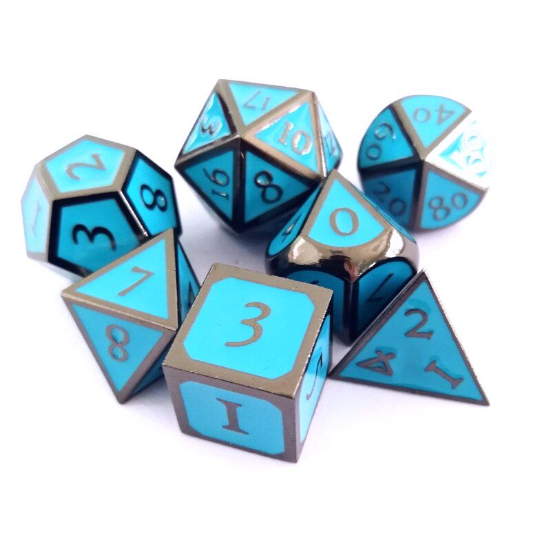 Sky Blue & Silver Embossed Metal Dice Set for Dungeons & Dragons