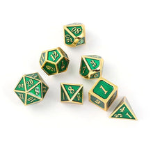 Load image into Gallery viewer, Green &amp; Gold Embossed Metal Dice Set for Dungeons &amp; Dragons
