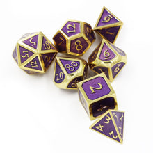 Load image into Gallery viewer, Purple &amp; Gold Embossed Metal Dice Set for Dungeons &amp; Dragons
