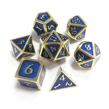 Charger l&#39;image dans la galerie, Blue &amp; Gold Embossed Metal Dice Set for Dungeons &amp; Dragons
