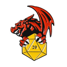 Load image into Gallery viewer, Dragon Treasure D20 Dice Pin - Dungeons &amp; Dragons Brooch
